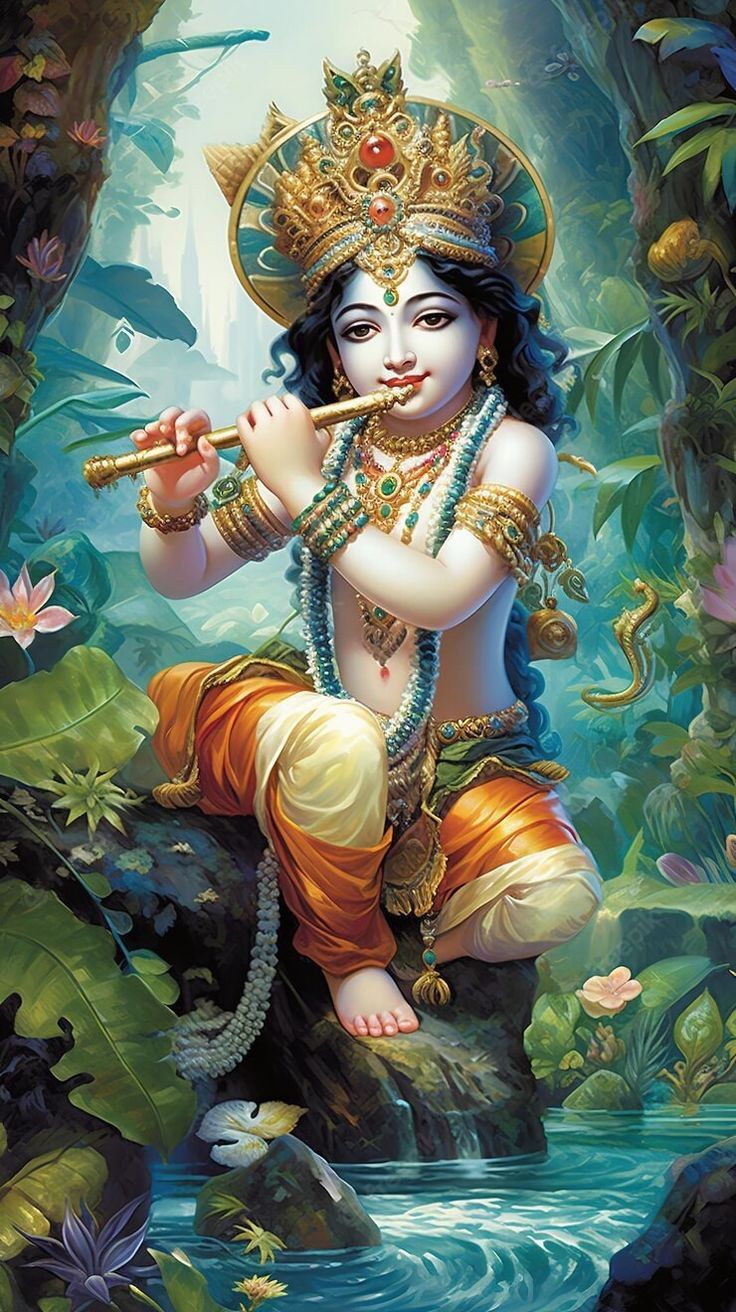 Krishna playing flute in forest