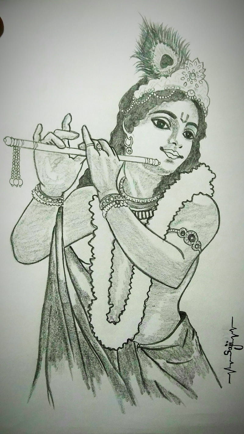 Krishna playing flute pencil sketch