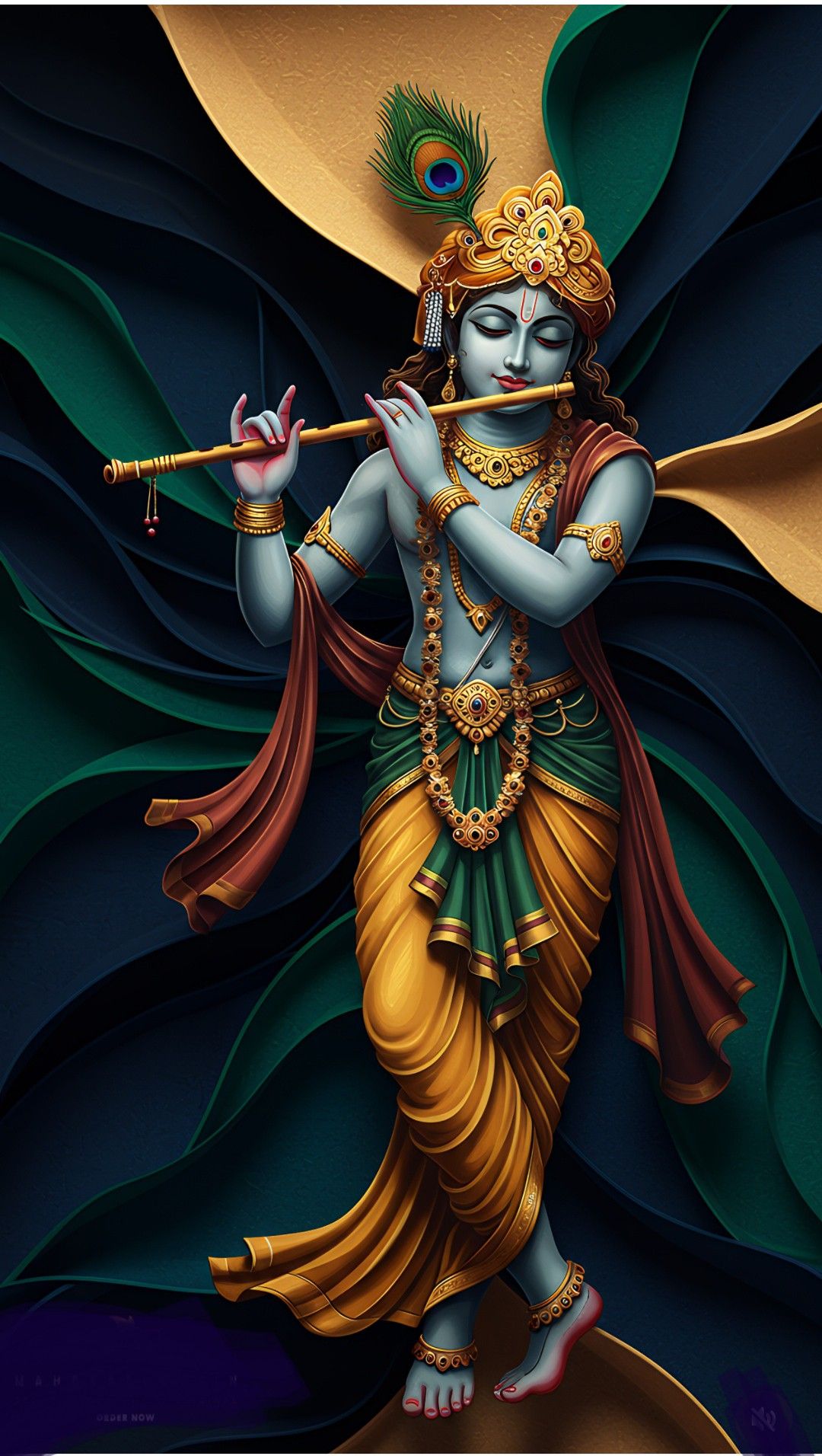 Krishna playing flute, divine portrait.