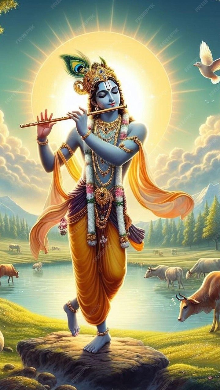Krishna playing flute in Vrindavan forest