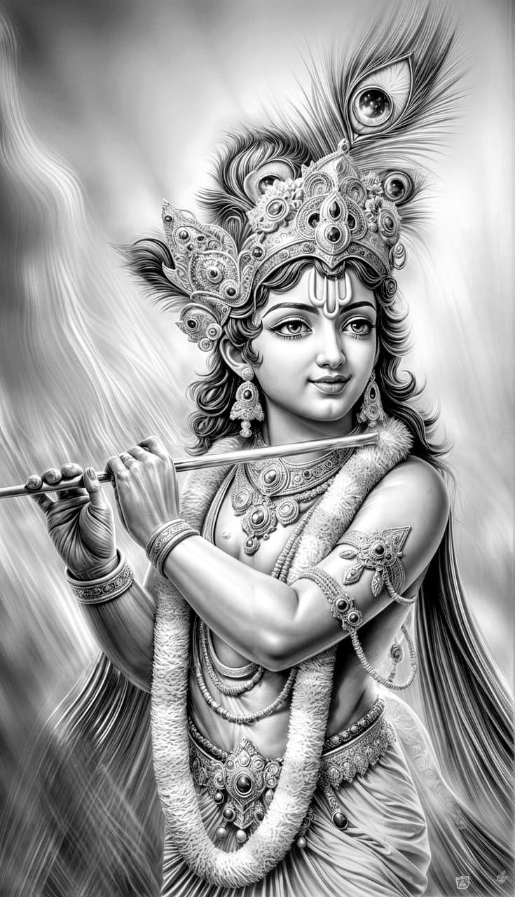 Krishna playing a flute in grayscale