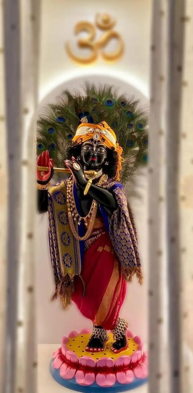 Krishna playing flute on lotus flower