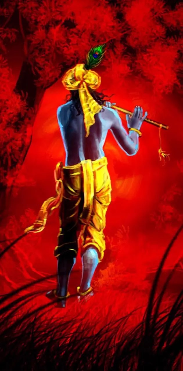 Krishna playing flute in forest
