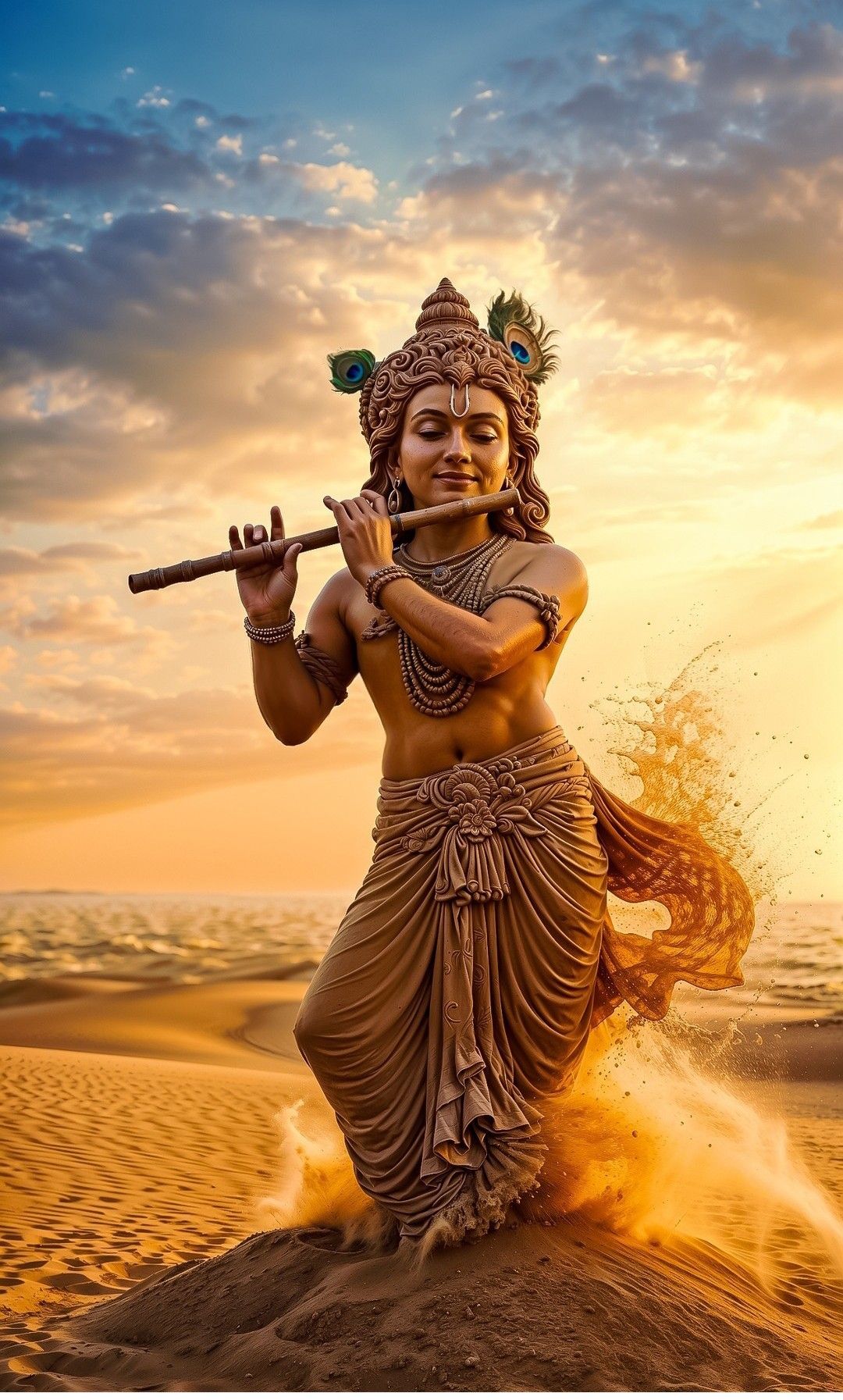 Krishna playing flute on a beach