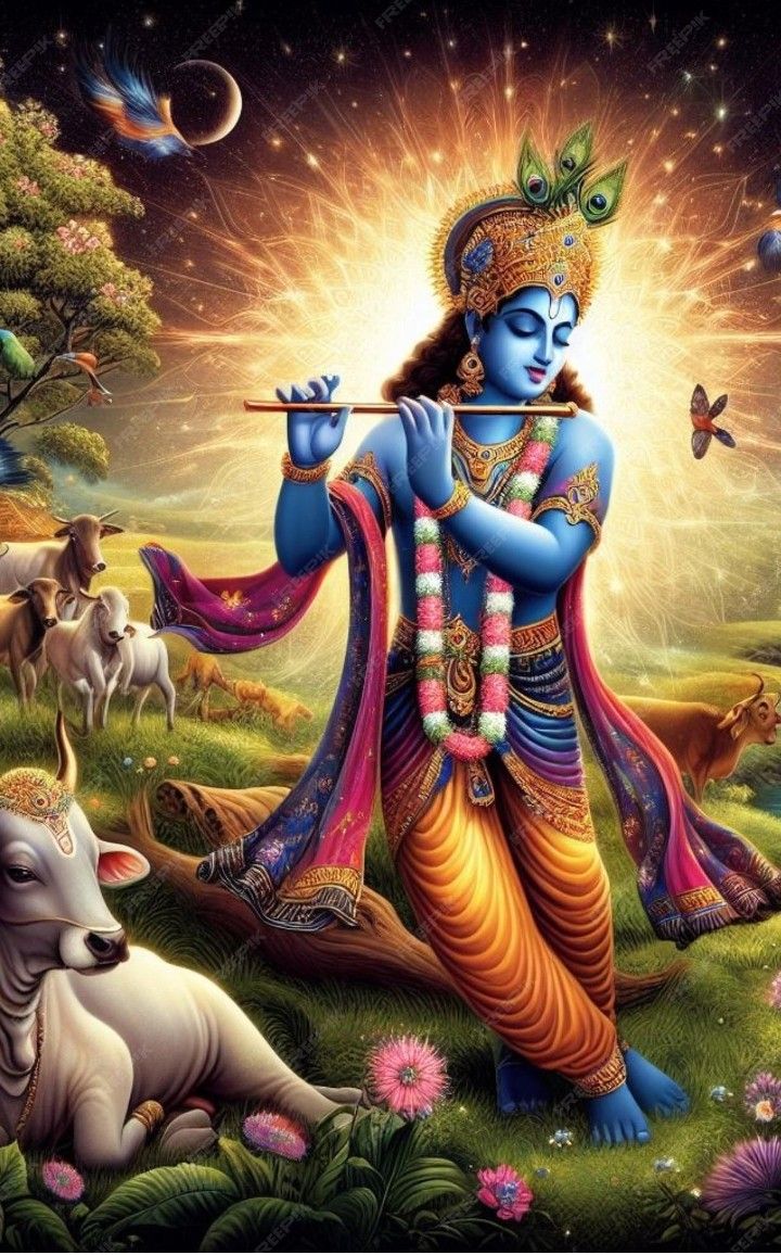 Krishna playing flute in Vrindavan