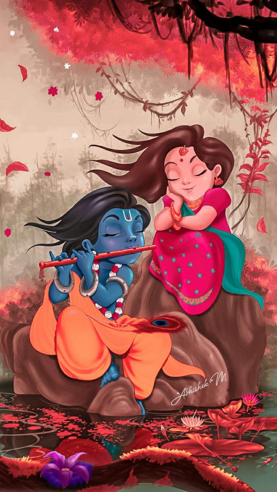 Krishna and Radha playing flute