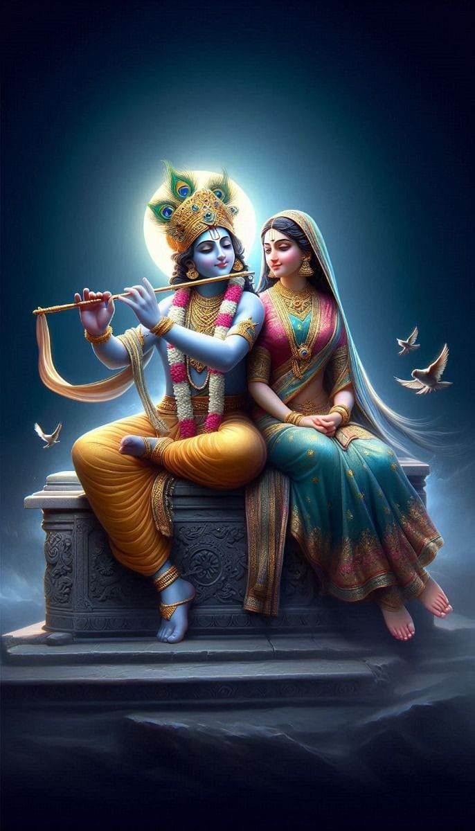 Krishna and Radha playing flute together.