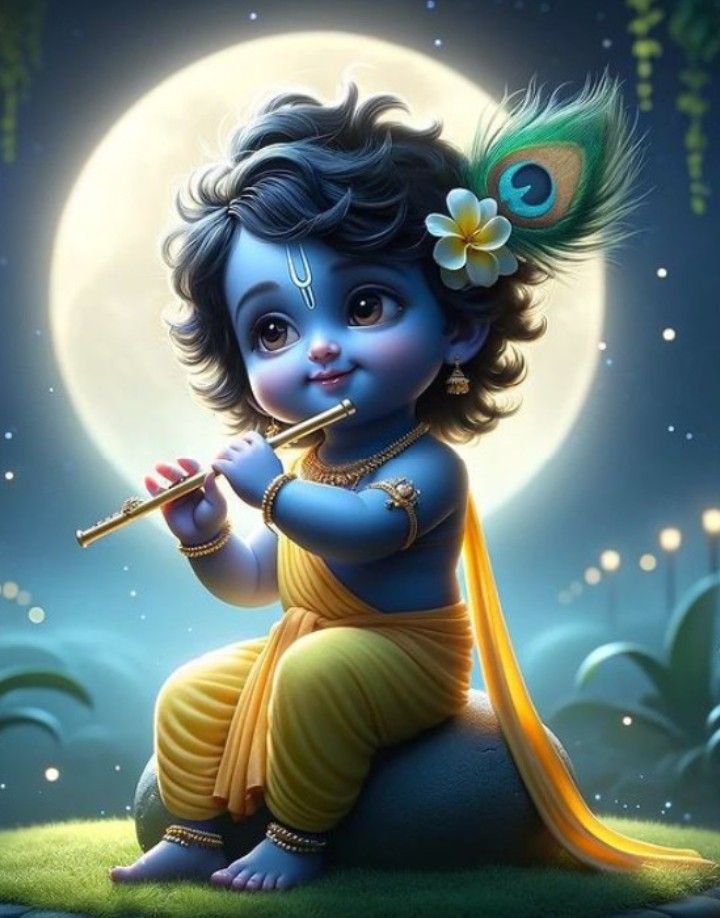 Baby Krishna playing a flute under moonlight.
