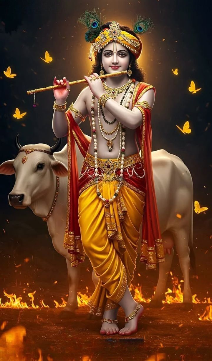 Lord Krishna playing the flute with cow