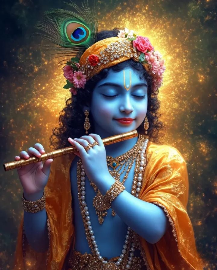 Young Krishna playing a flute peacefully.