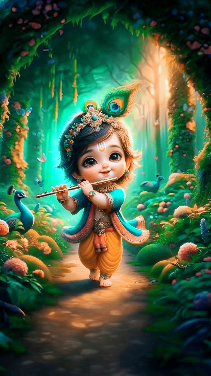 Baby Krishna playing a flute in forest