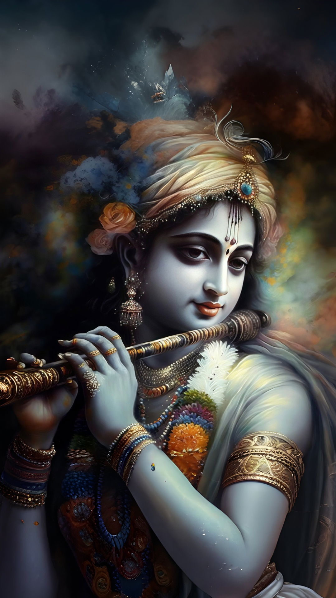 Krishna playing flute, divine portrait.