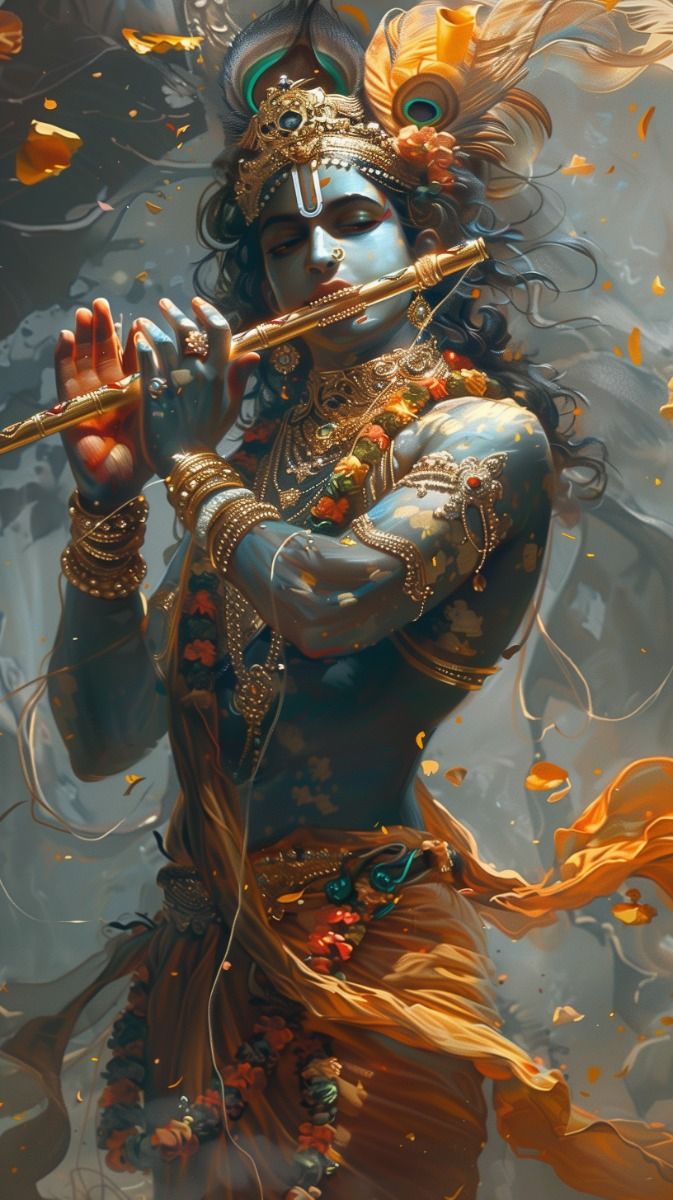Lord Krishna playing a flute in detail