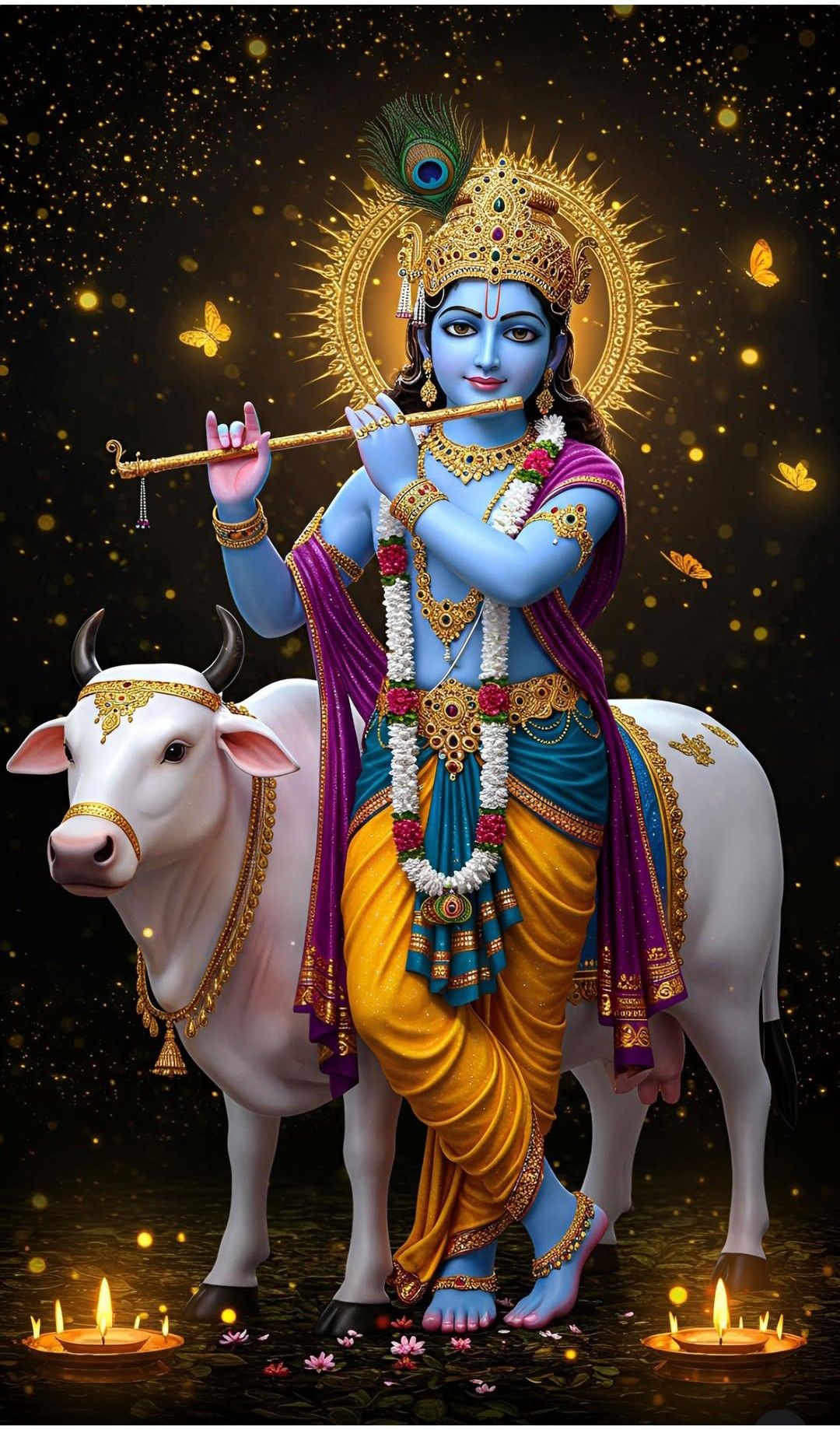 Krishna playing flute with a cow