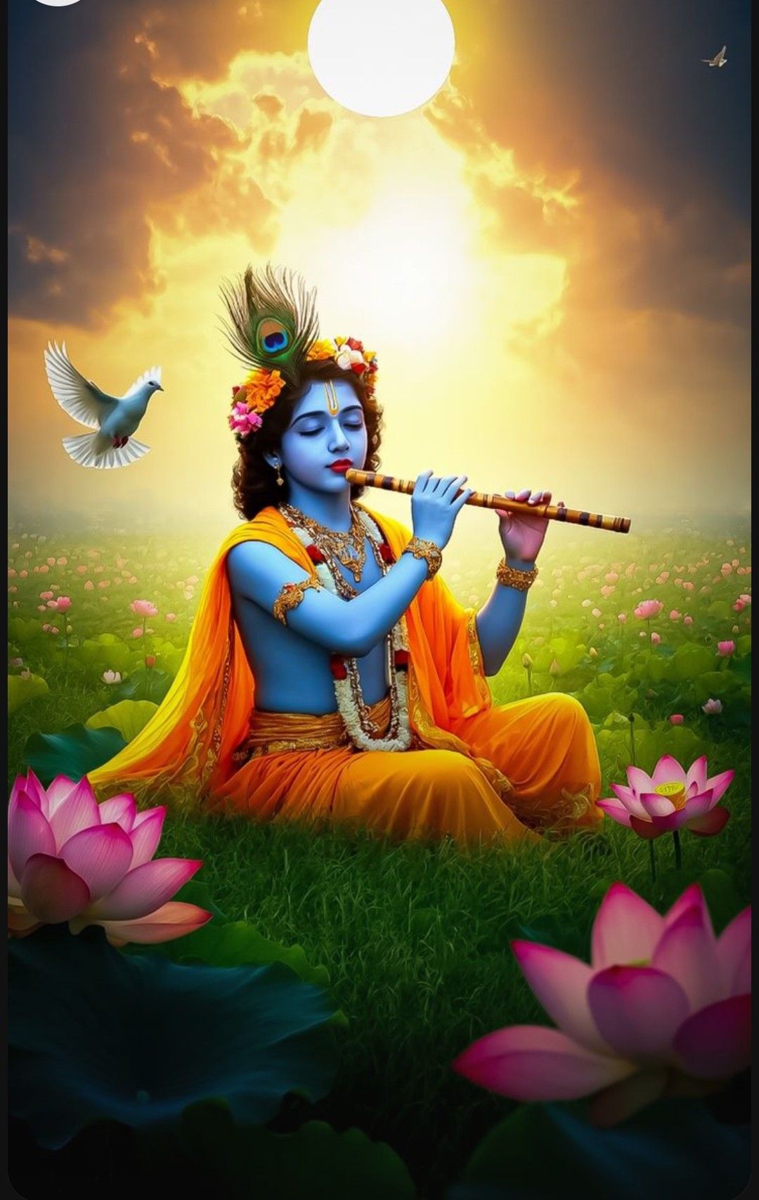 Krishna playing flute in lotus garden