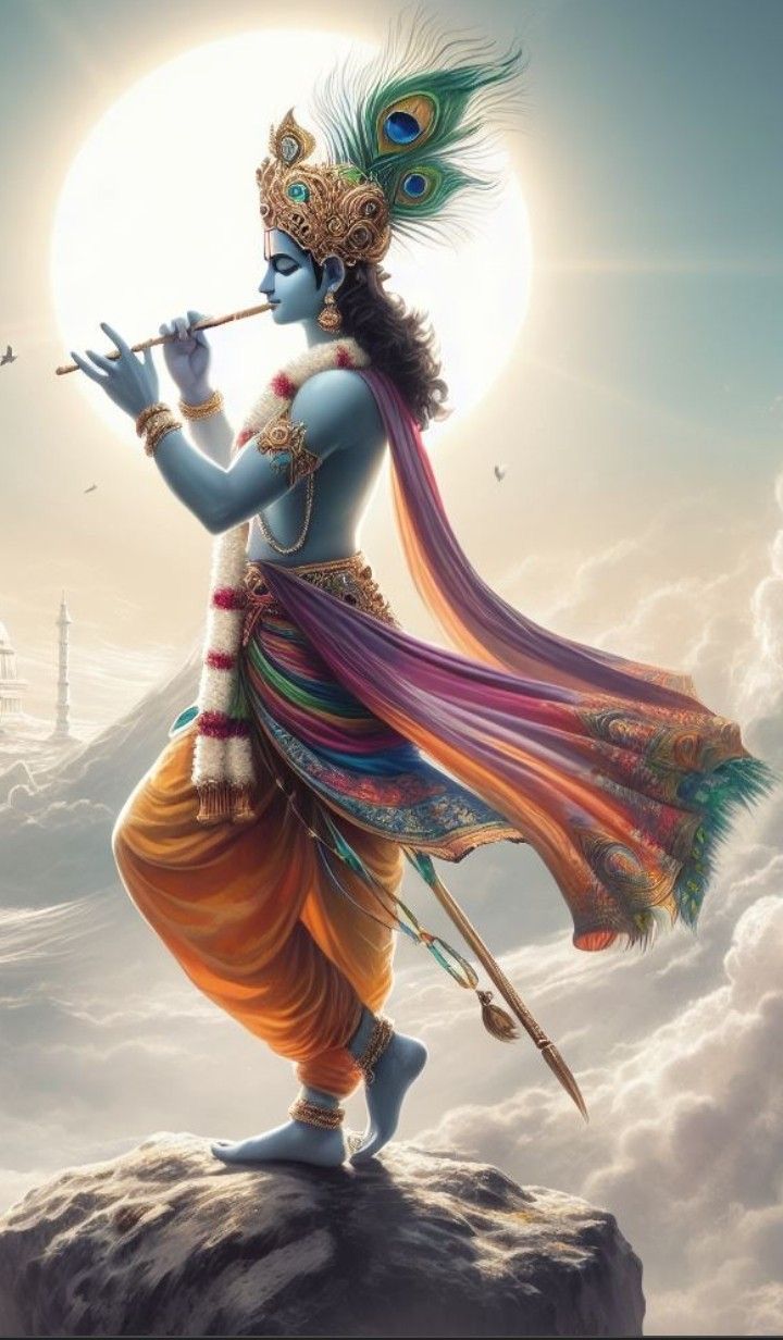 Krishna playing flute with peacock feather