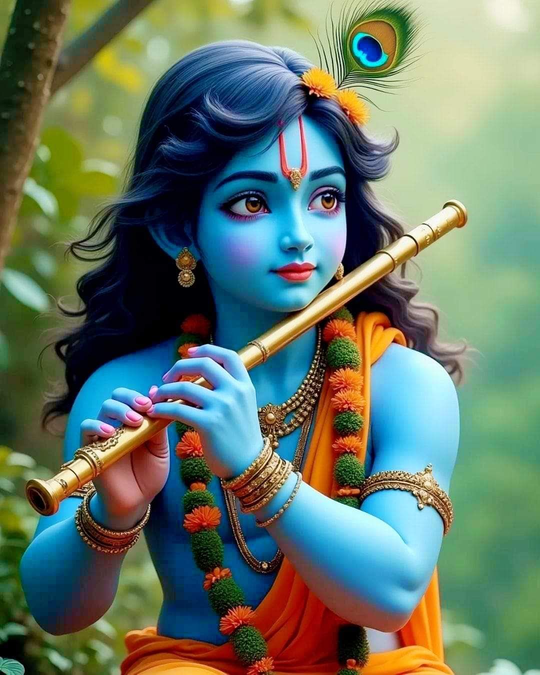 Krishna playing a flute in close-up