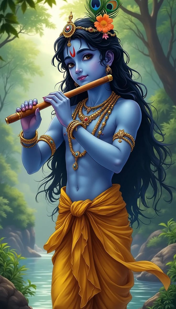 Krishna playing flute in forest
