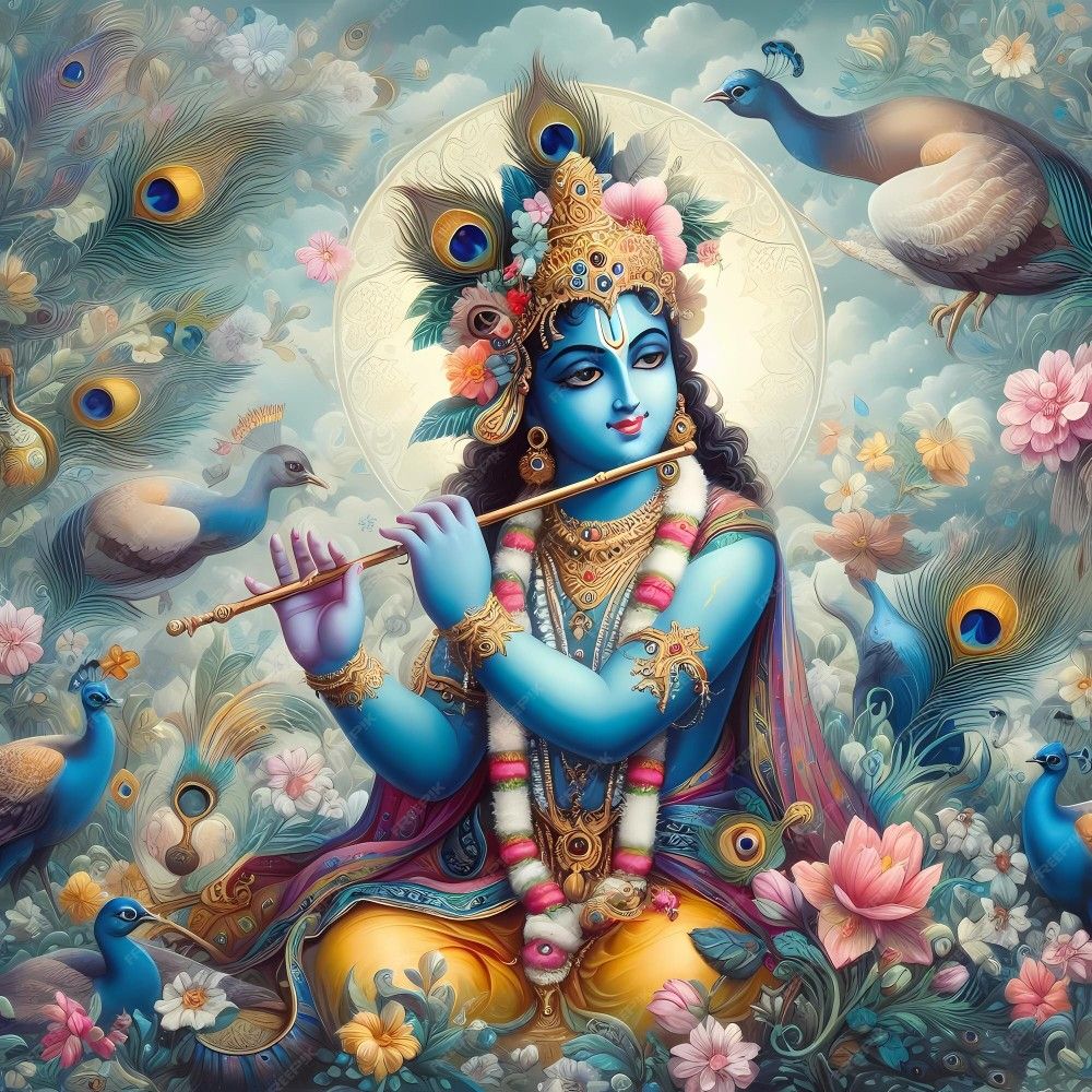Krishna playing flute with peacocks.