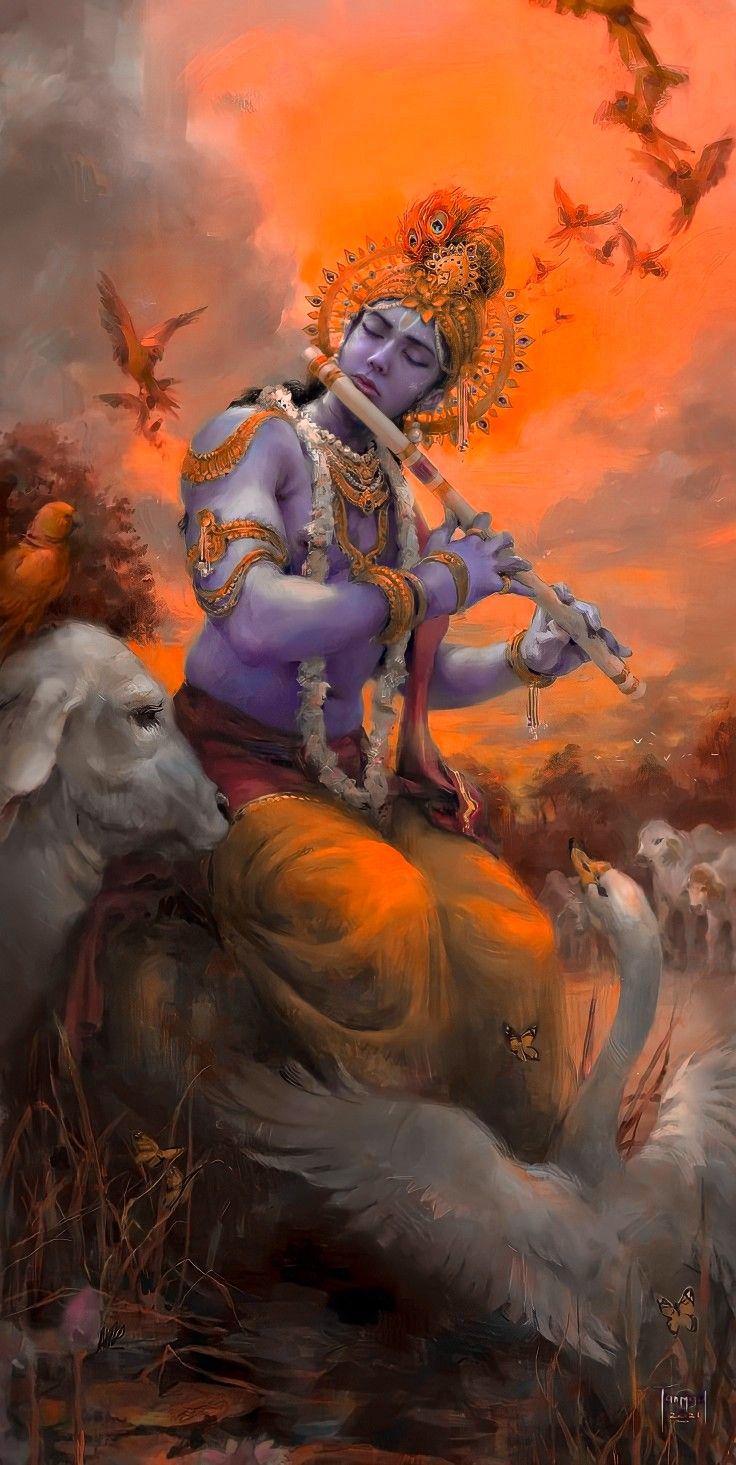 Krishna playing flute with cows nearby