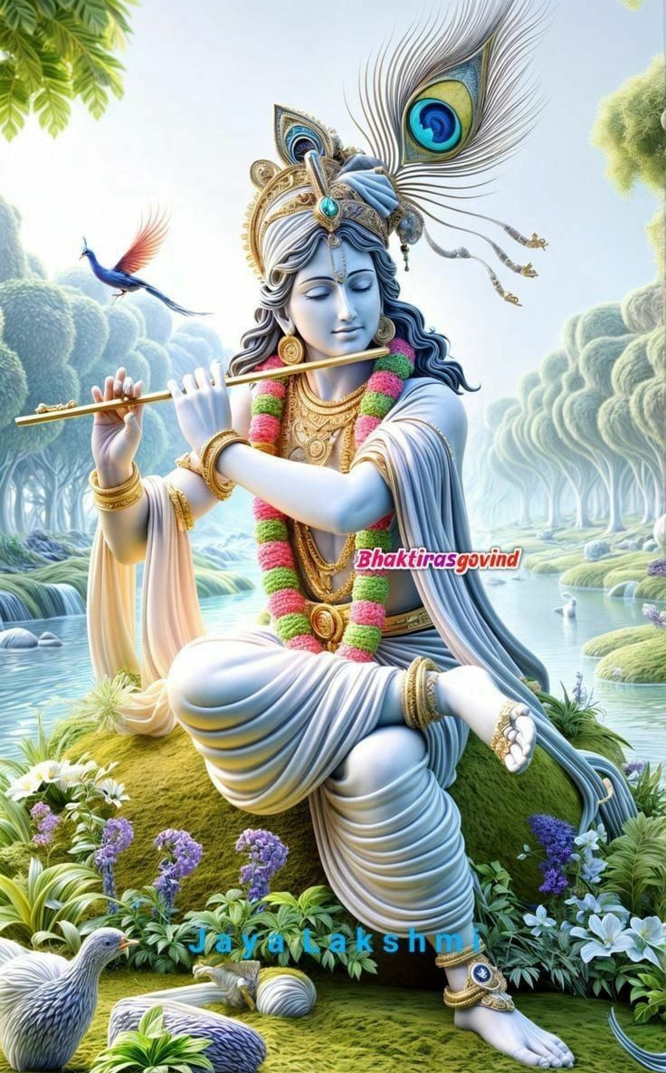 Krishna playing flute in forest setting