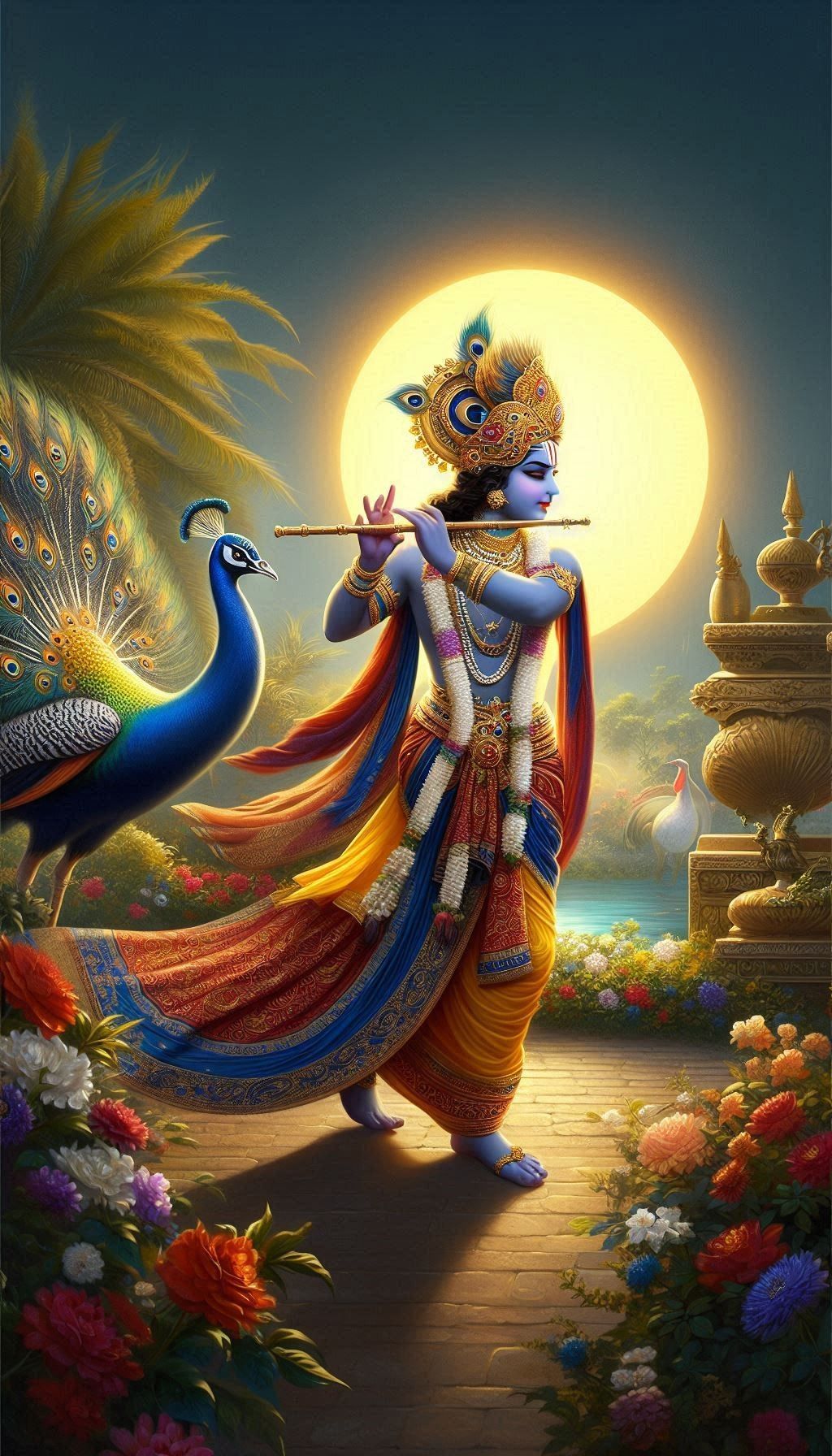 Krishna playing flute with peacock