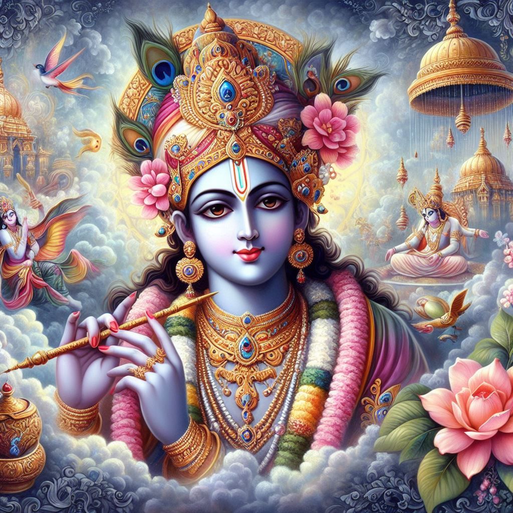 Krishna playing flute amidst divine clouds