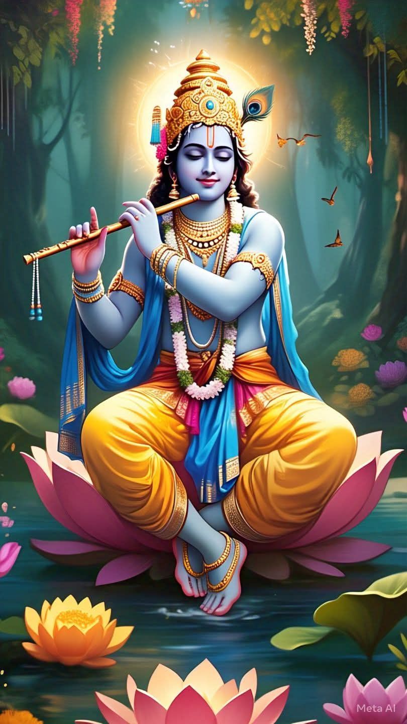 Krishna playing flute on lotus flower