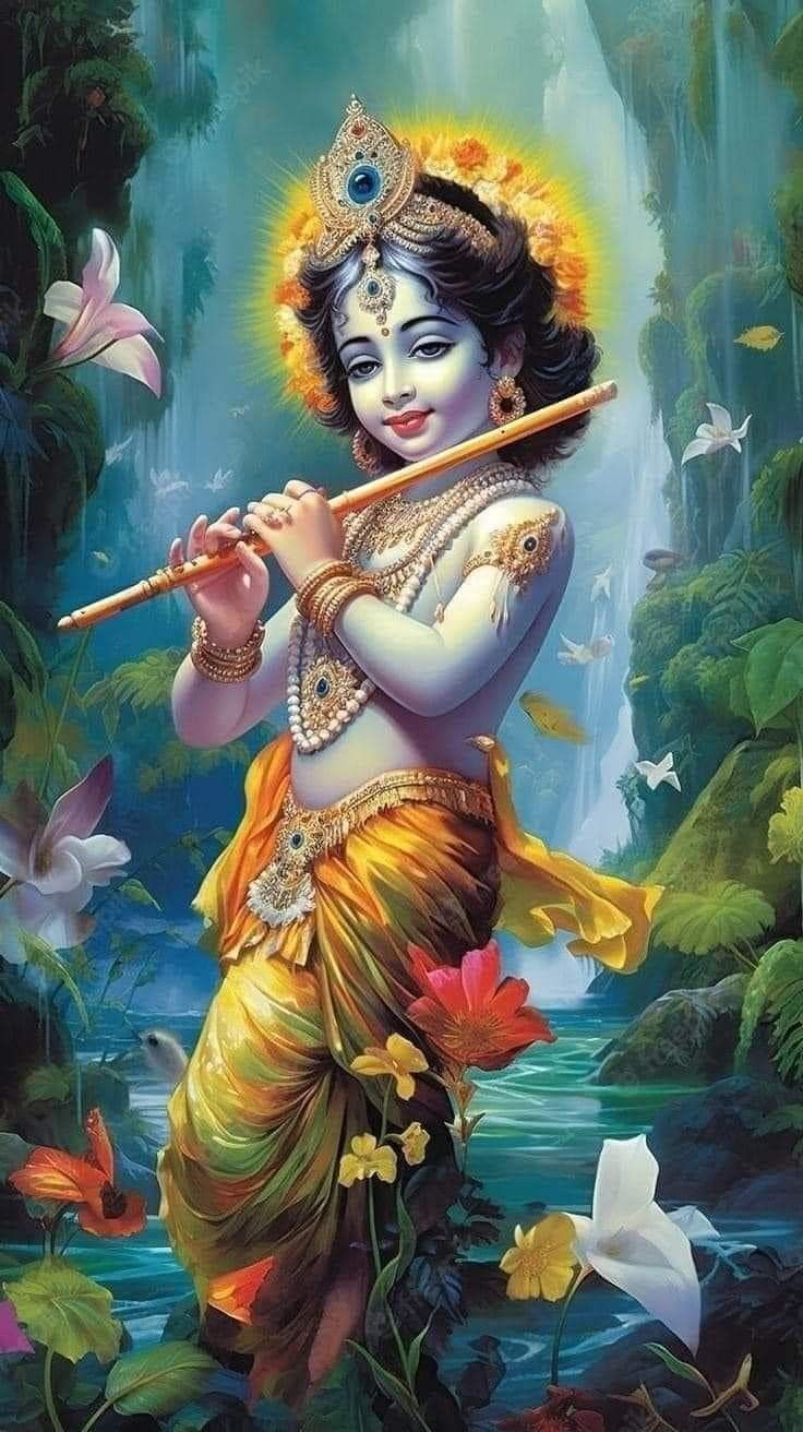 Krishna playing flute amidst lotus flowers