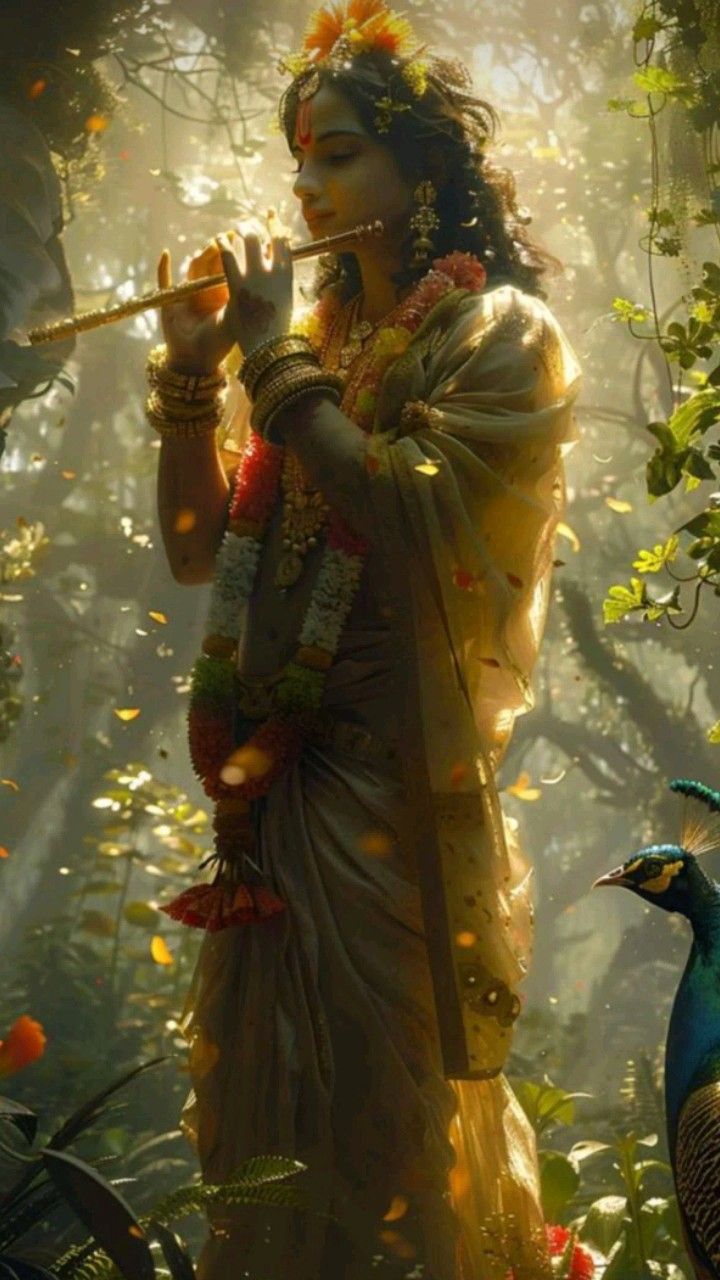Krishna playing the flute in forest