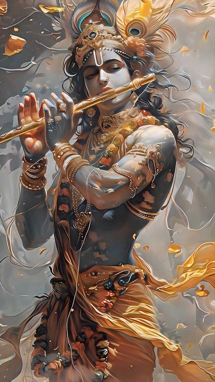 Krishna playing a golden flute.
