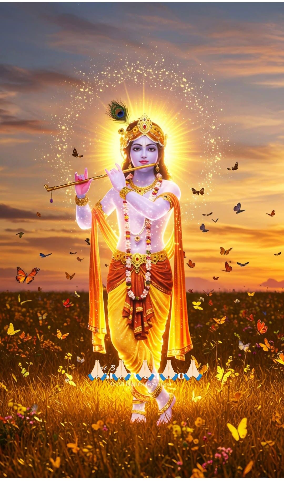 Krishna playing flute in a meadow