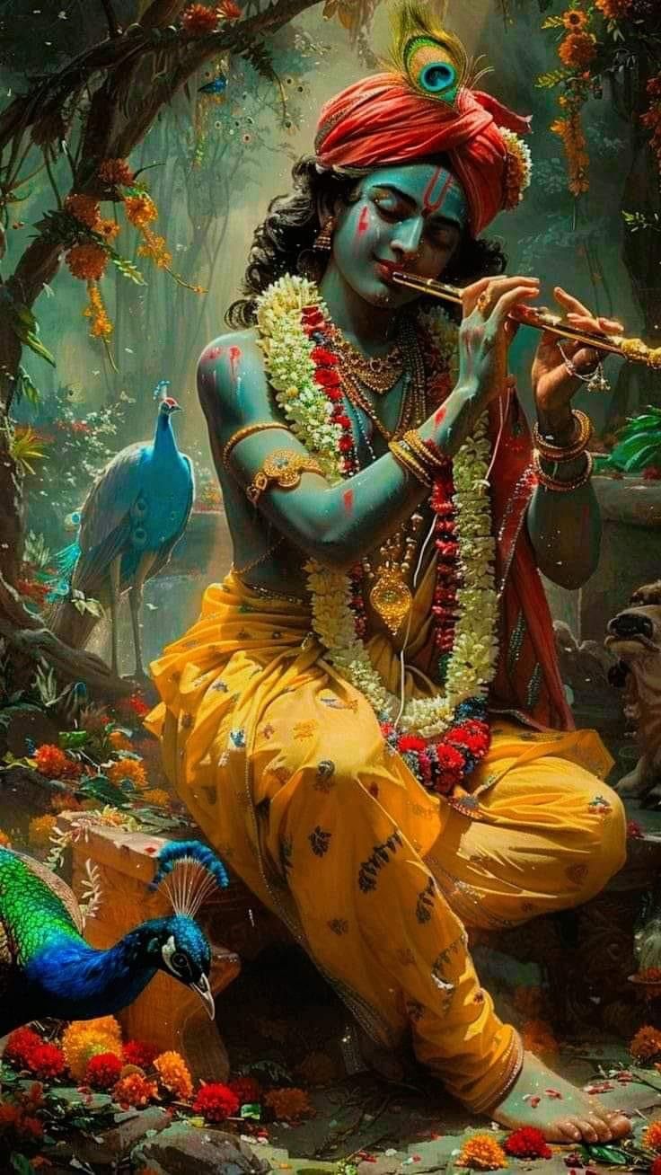 Krishna playing flute in lush forest
