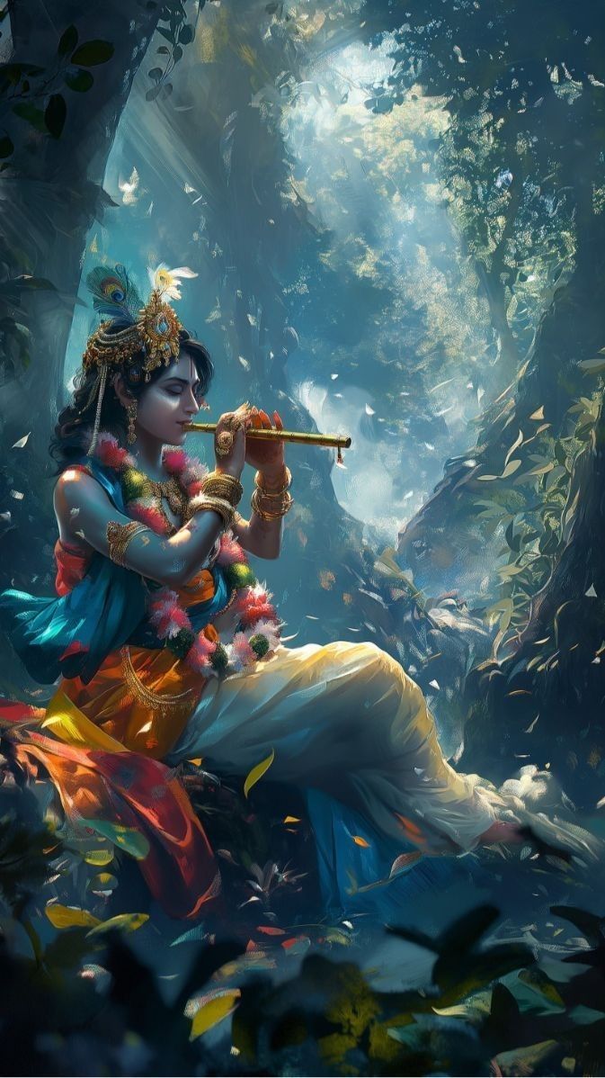 Krishna playing flute in forest