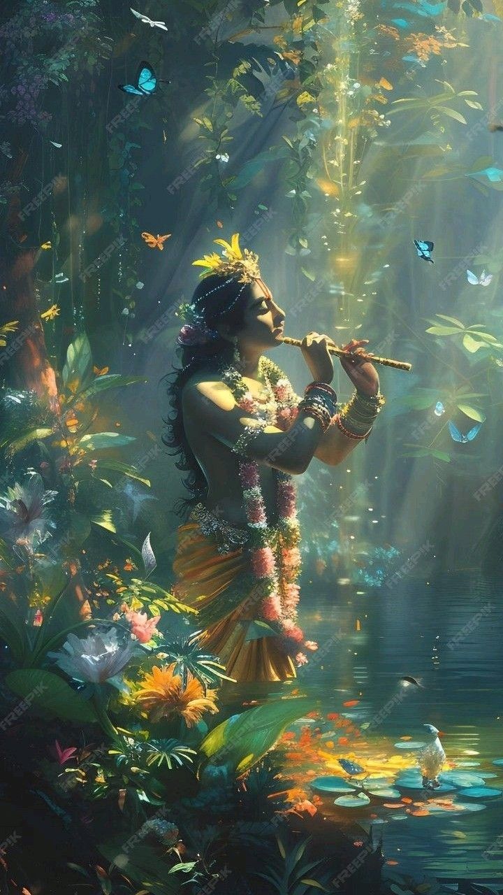 Krishna playing flute in Vrindavan forest