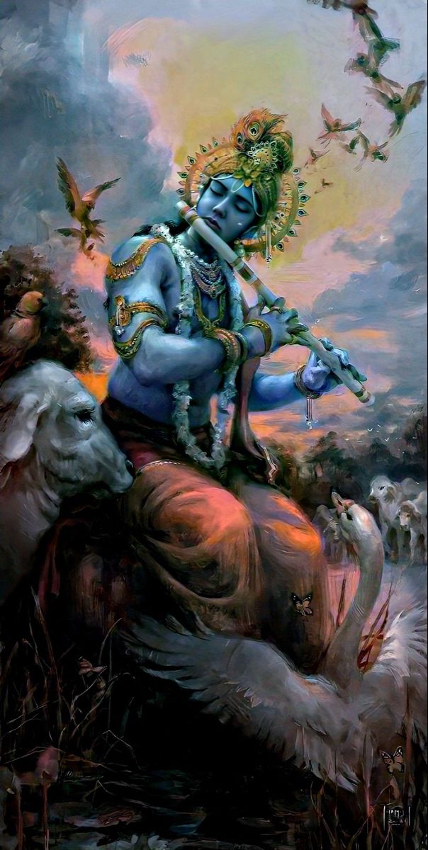 Krishna playing flute in Vraj forest