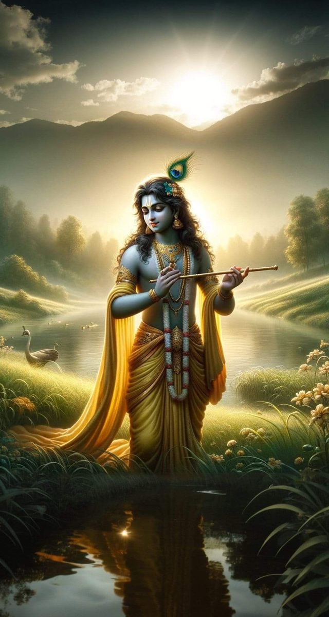 Krishna playing flute in Vrindavan forest