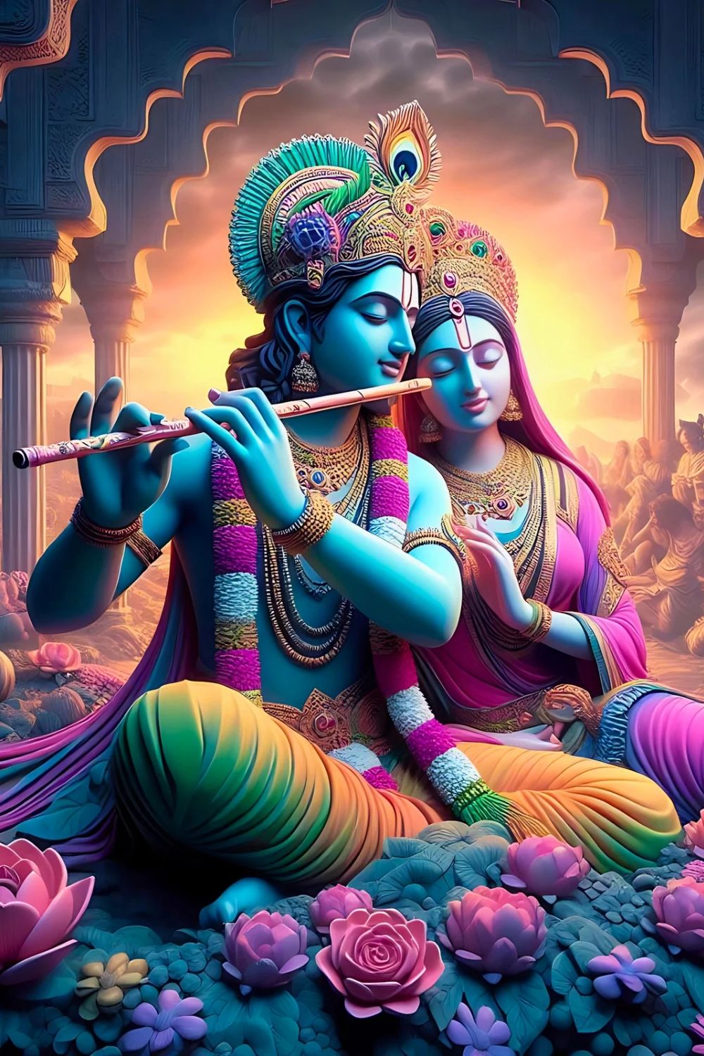Krishna and Radha playing flute together