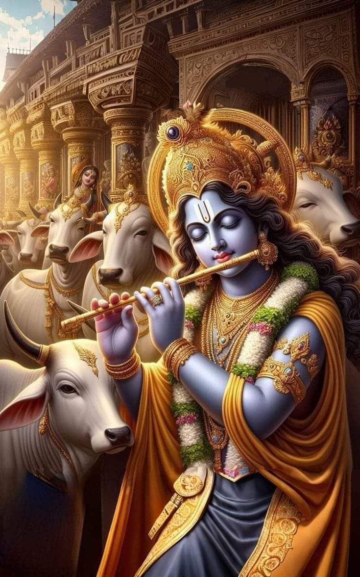 Krishna playing flute with cows