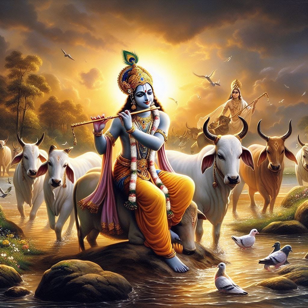 Krishna playing flute amidst Vrindavan.