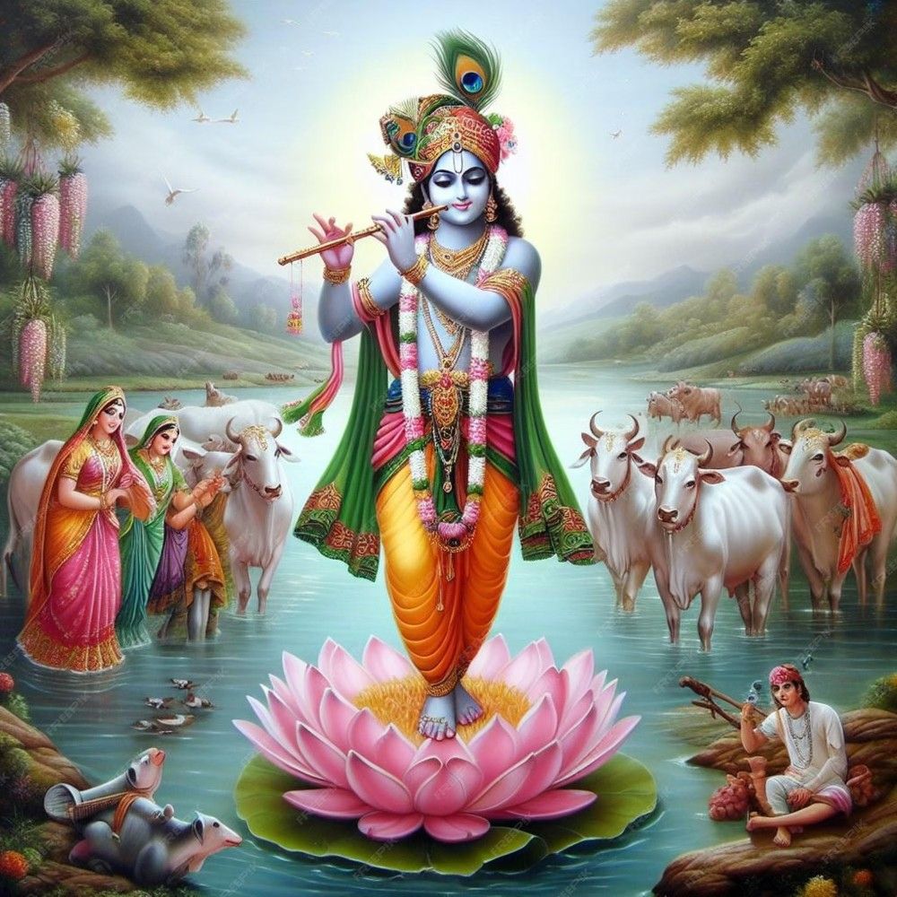 Krishna plays flute amidst serene nature.