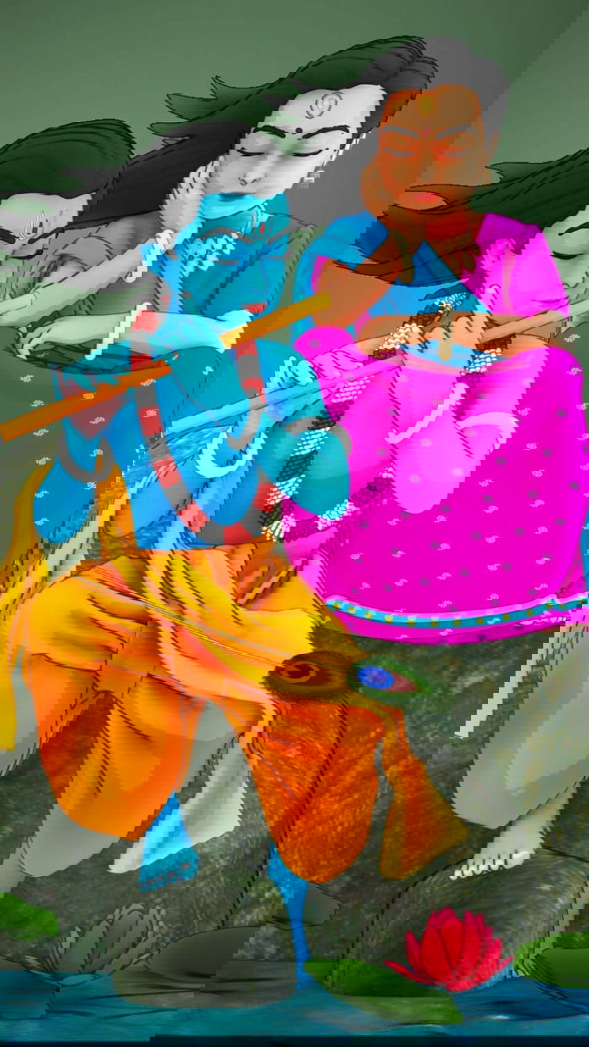 Krishna and Radha playing flute together