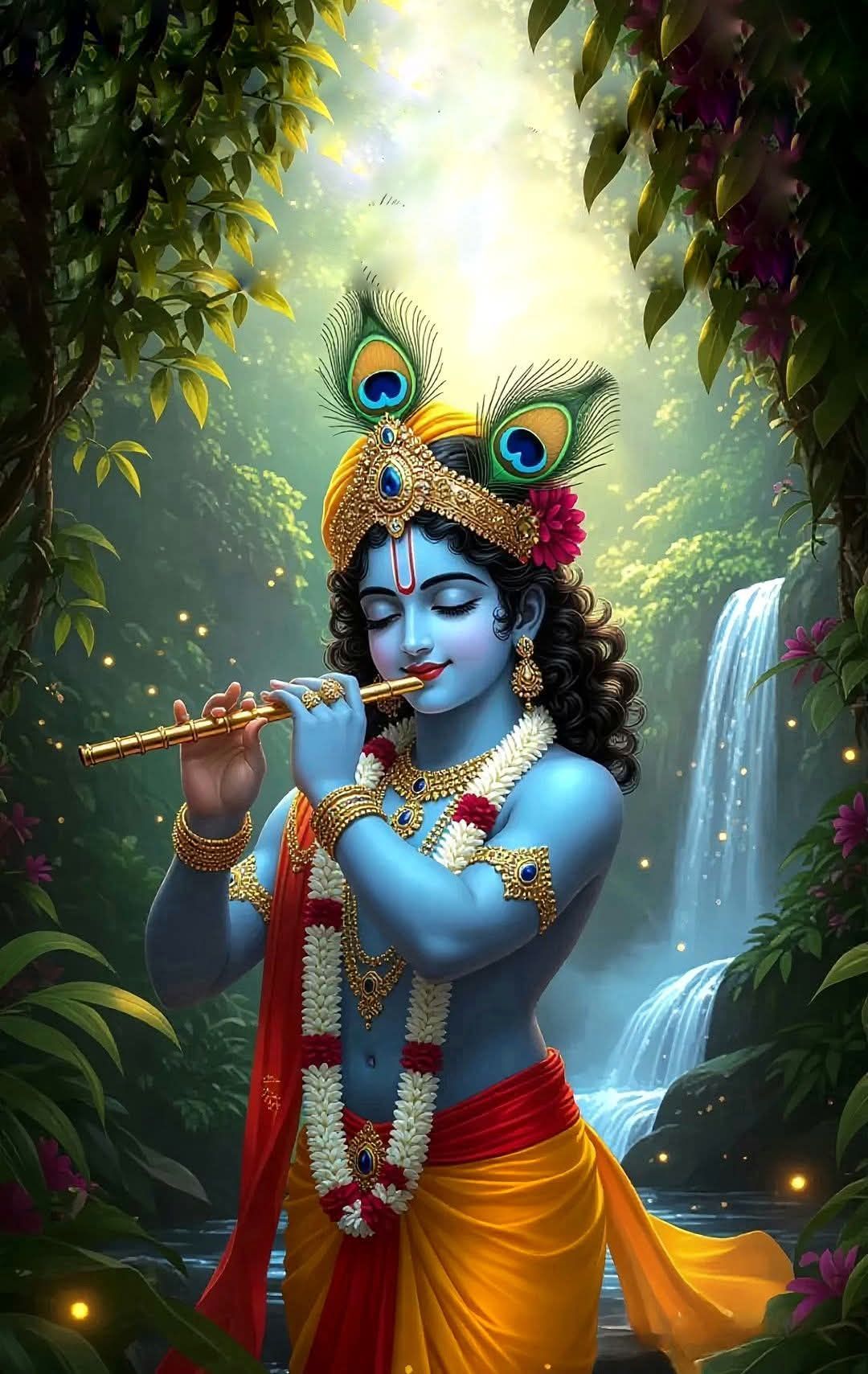 Krishna playing flute in forest