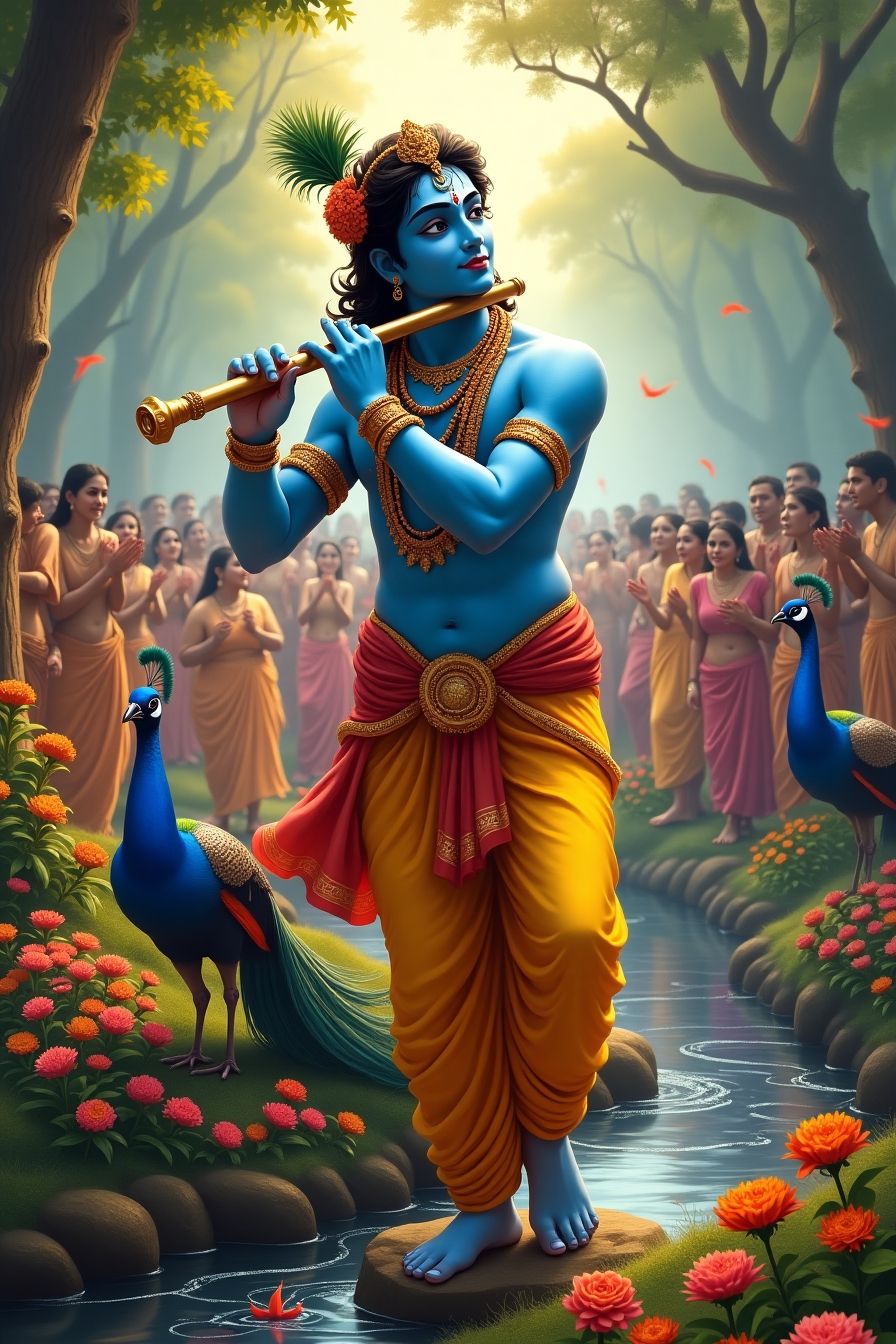 Krishna playing flute in Vrindavan forest