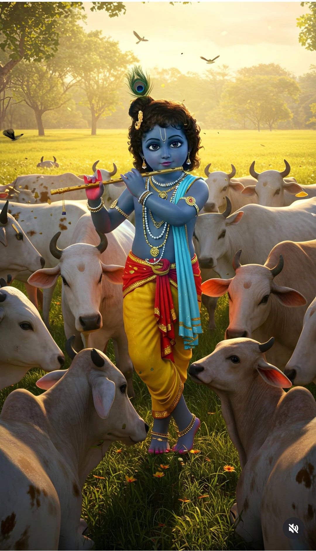 Young Krishna playing flute among cows