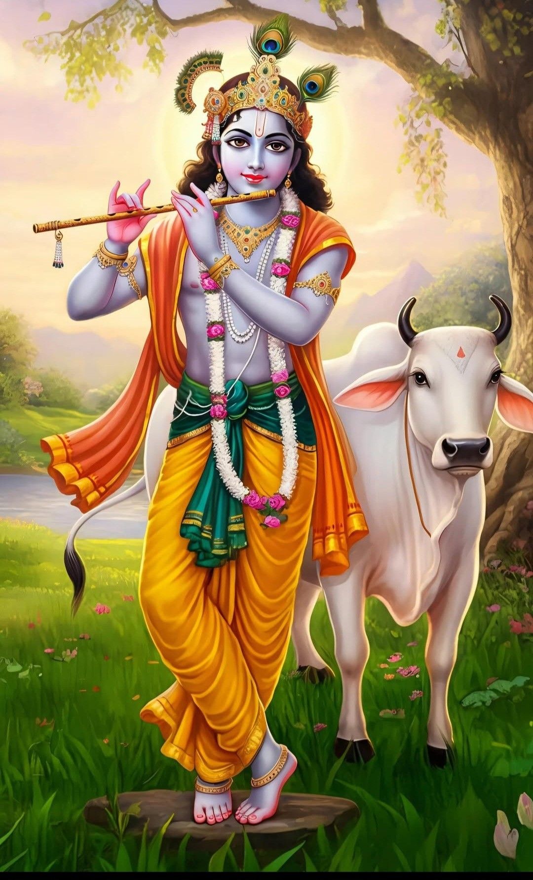 Krishna playing flute in Vrindavan forest