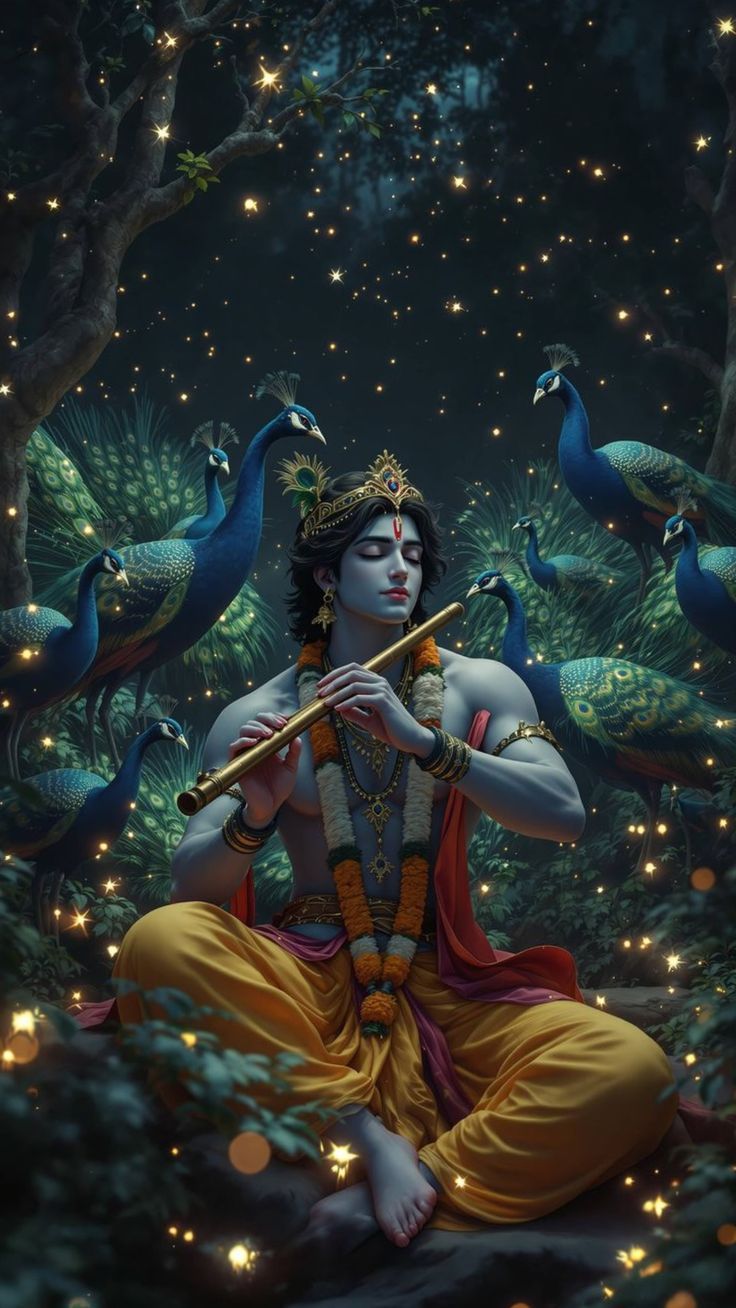 Krishna playing flute with peacocks