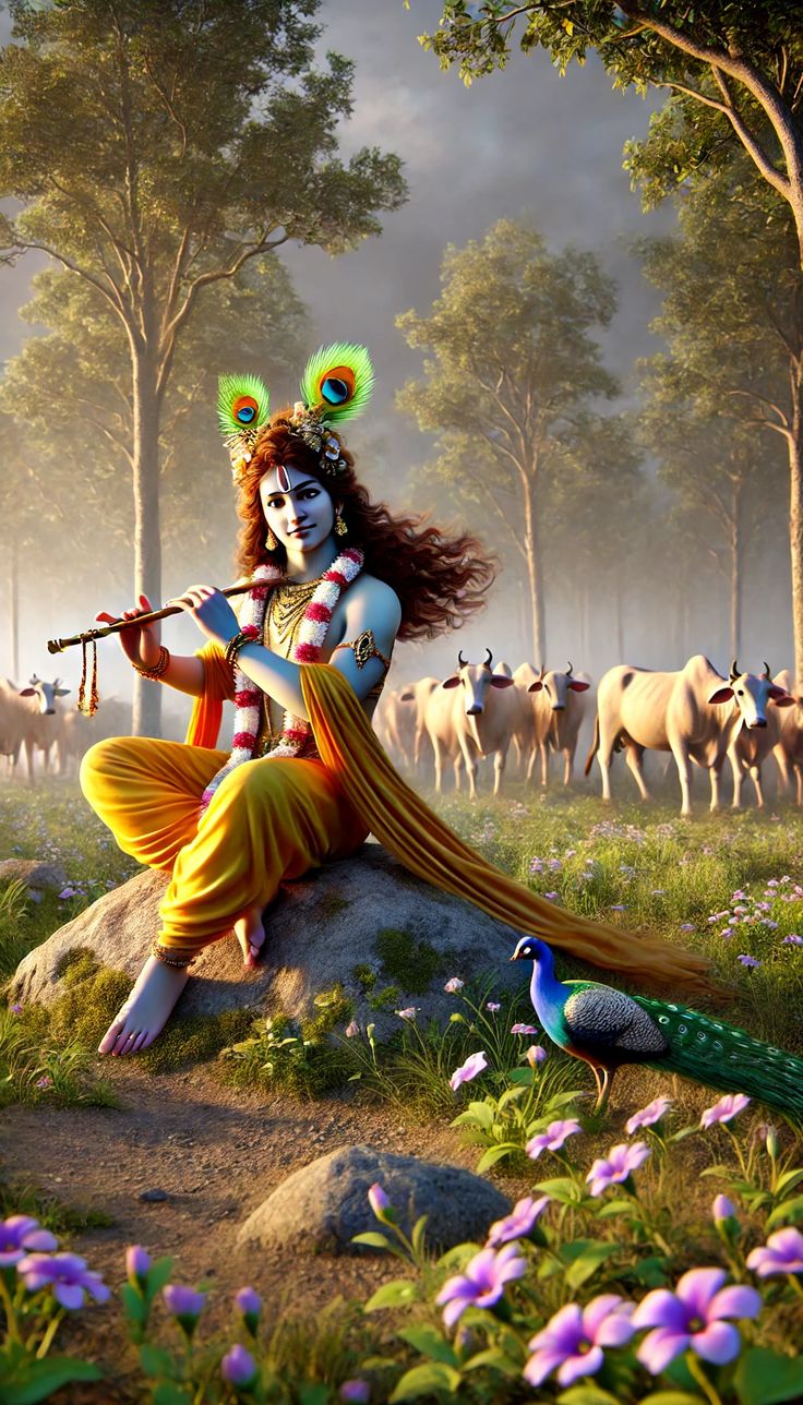 Krishna playing flute in forest