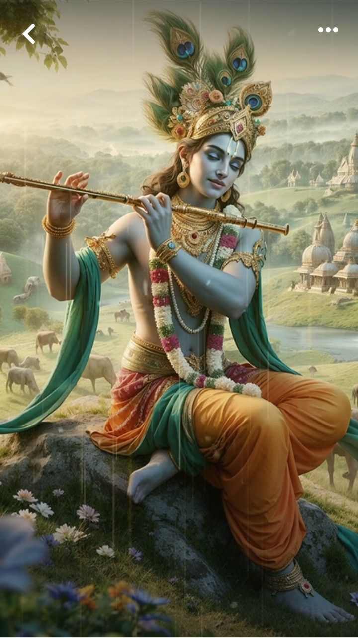 Krishna playing flute in Vrindavan
