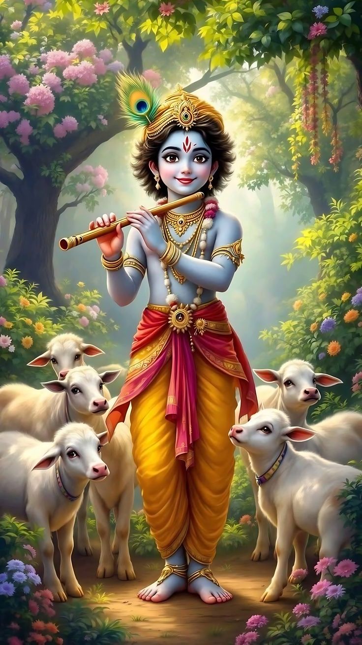 Krishna plays flute amongst playful cows